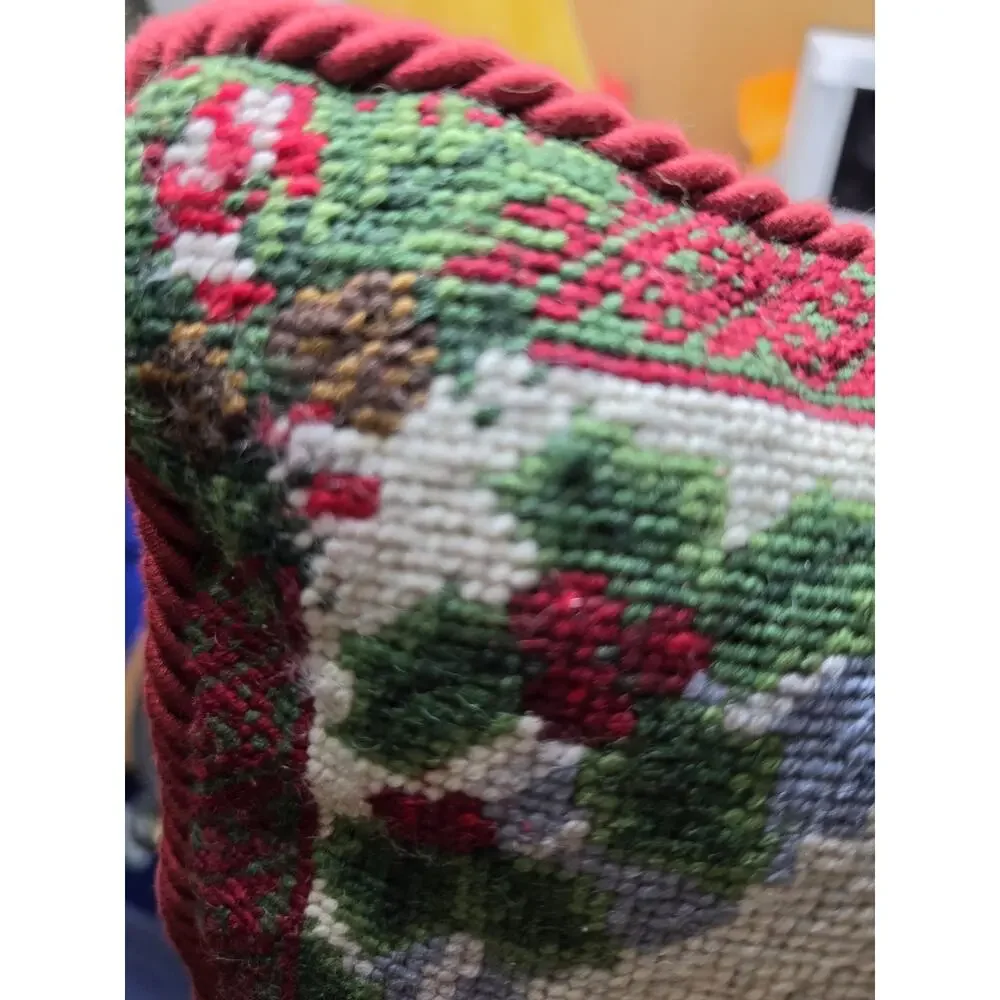 Vintage Tapestry Christmas Bichon Dog Throw Pillow Red Velvet Back 12 x 12